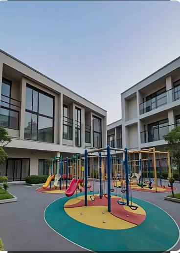 An illustration of a children's play area between low-rise buildings. Not a photo of Vashishth Kunj, which is being developed now