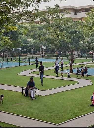 An illustration of a park with lawns, walking paths and courts. Not a photo of the site