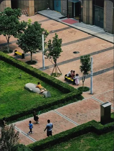 An illustration of a landscaped plaza from above. Not a photo of the site