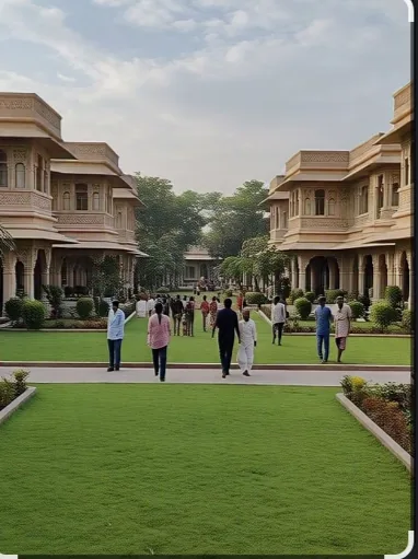 An illustration of a lawn between buildings in the traditional Ayodhya style. Not a photo of the site