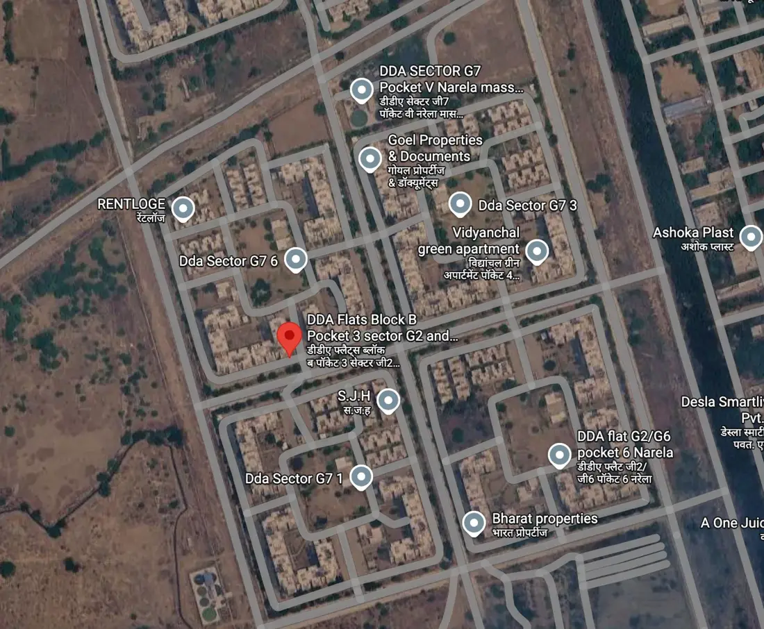 Narela Sector G2-G6, with the analyst's pin in Pocket 3