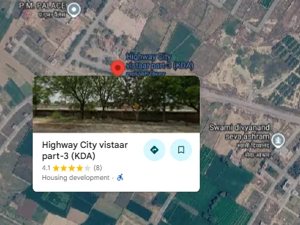 Google Maps satellite view with the pin our research analyst gives for the scheme (Google labels the nearby place 'Highway City vistaar part-3 (KDA)')