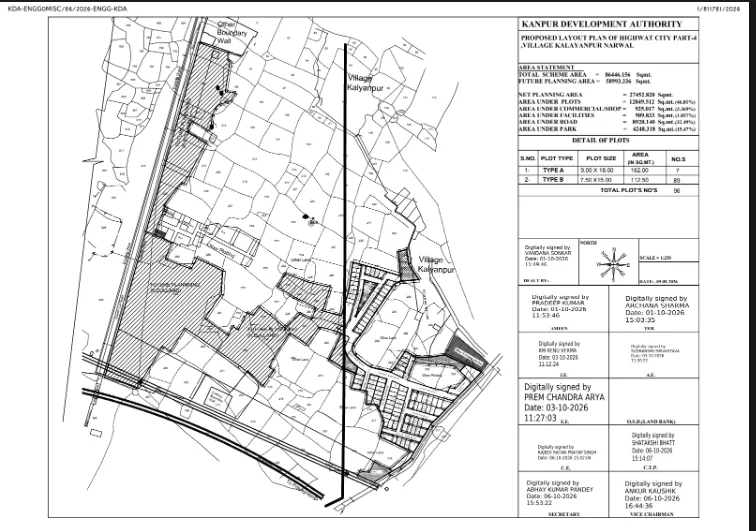KDA's proposed layout plan of Highway City Part-4, Village Kalyanpur, Narwal, digitally signed in October 2026: 86,446 sq m, 7 Type A and 89 Type B plots drawn