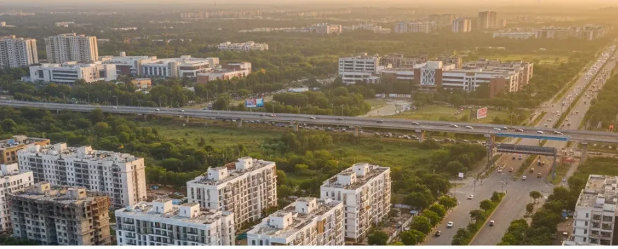 An aerial city view at sunset, with a new residential cluster in front and an elevated road and office blocks behind