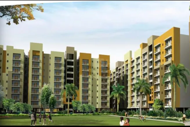 A rendering of mid-rise apartment towers around a lawn