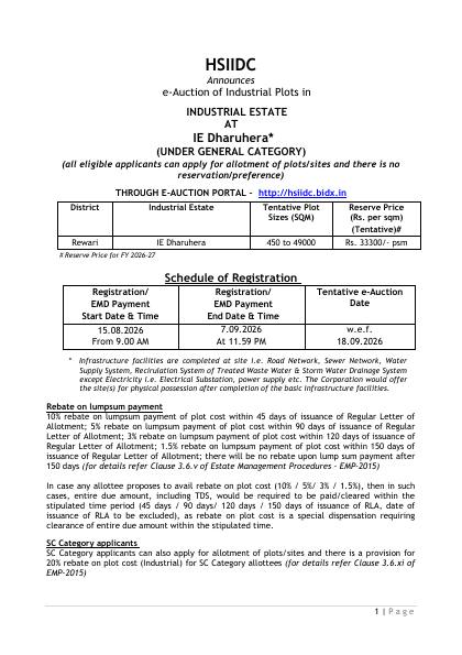 First page of e-Auction Advertisement - e-Auction of Industrial Plots - IE Dharuhera (General Category)