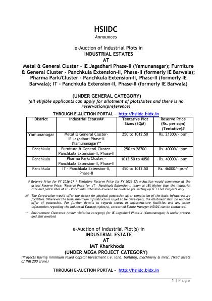 First page of e-Auction Advertisement - e-Auction - Jagadhari Ph-II / Panchkula Ext-II Ph-II / IMT Kharkhoda
