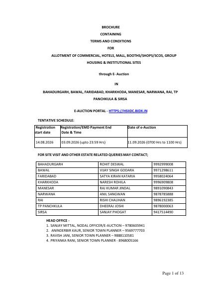 First page of e-Auction Brochure / Bid Document - e-Auction of Premium Sites Across Haryana