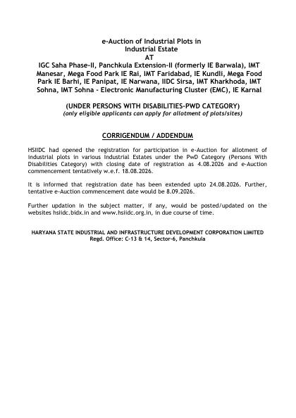 First page of Corrigendum / Addendum - e-Auction of Industrial Plots - Persons with Disabilities (PwD) Category