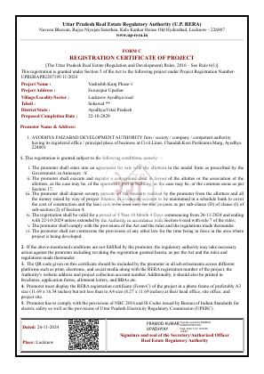 First page of UP RERA registration certificate UPRERAPRJ207195/11/2024