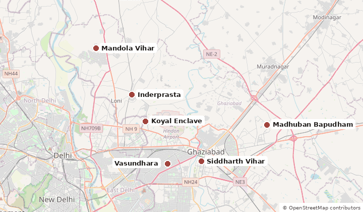 Map of localities with flats or plots on offer in Ghaziabad: Madhuban Bapudham