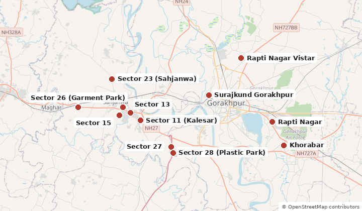 Map of localities with flats or plots on offer in Gorakhpur: Rapti Nagar, Naveen Transport Nagar, Sector 11 (Kalesar), Sector 13, Sector 22
