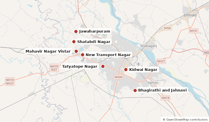 Map of the 7 places KDA Kanpur sells in under this scheme: New Transport Nagar, Bhagirathi and Jahnavi, Shatabdi Nagar, Kanpur, Mahavir Nagar Vistar, Tatyatope Nagar, Jawaharpuram, Kidwai Nagar