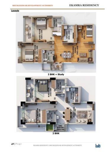 Room dimensions of the 2 BHK + Study and the 2 BHK apartment