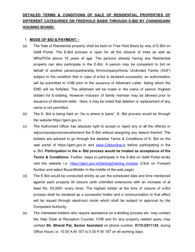 Detailed terms and conditions: EMD through GeM, the 25% payment, taxes, possession and the 1979 regulations
