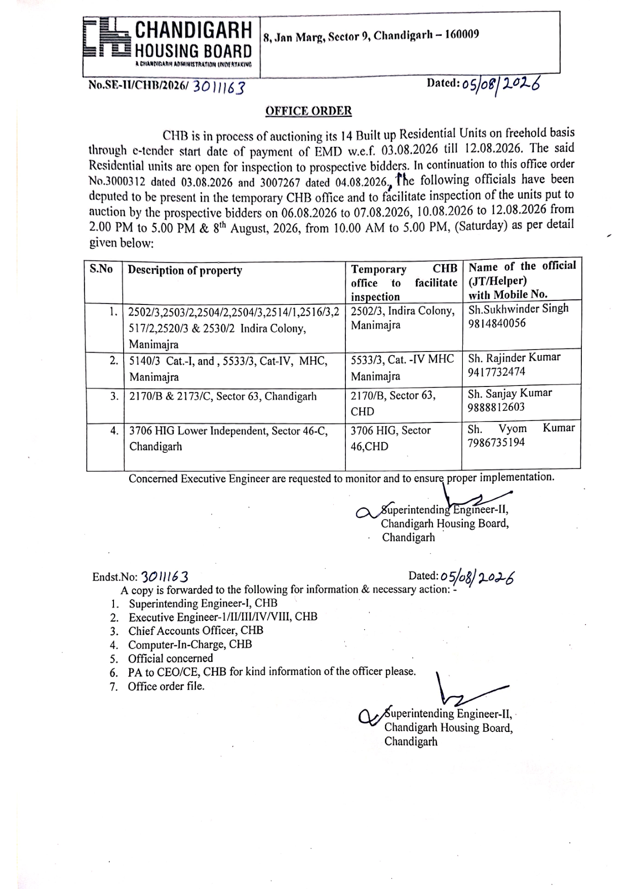 Office order of 5 August 2026: the CHB officer marked to each property, with a mobile number, for inspection from 6 to 12 August