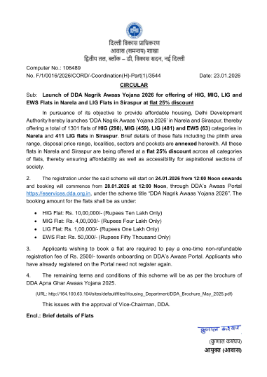 Launch circular, 23 January 2026: HIG, MIG, LIG and EWS in Narela and LIG in Siraspur, at a flat 25% discount