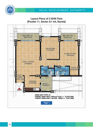 Type-1 layout plan, 2 BHK flats, Pocket 11, Sector A1-A4, Narela
