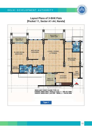 Type-1 layout plan, 3 BHK flats, Pocket 11, Sector A1-A4, Narela