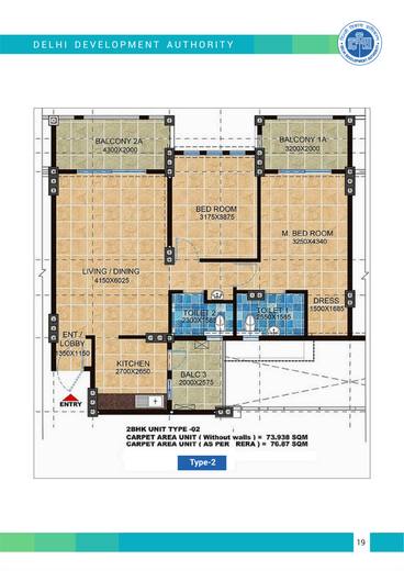 Type-2 layout plan, 2 BHK flats, Pocket 11, Sector A1-A4, Narela