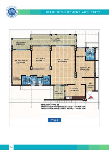 Type-2 layout plan, 3 BHK flats, Pocket 11, Sector A1-A4, Narela
