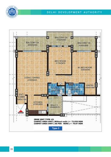 Type-3 layout plan, 2 BHK flats, Pocket 11, Sector A1-A4, Narela