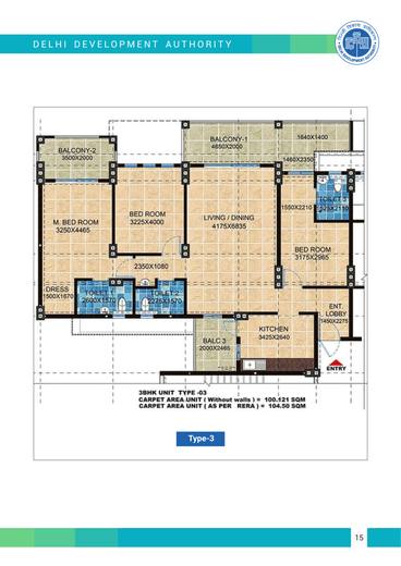 Type-3 layout plan, 3 BHK flats, Pocket 11, Sector A1-A4, Narela