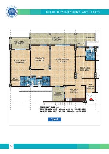 Type-4 layout plan, 3 BHK flats, Pocket 11, Sector A1-A4, Narela