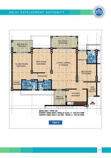 Type-5 layout plan, 3 BHK flats, Pocket 11, Sector A1-A4, Narela