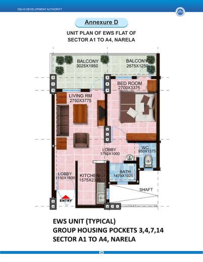 Unit plan of an EWS flat, typical, group housing pockets 3, 4, 7 and 14, Sector A1 to A4, Narela