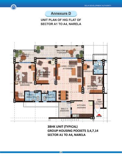 Unit plan of an HIG flat, 3BHK typical, group housing pockets 3, 4, 7 and 14, Sector A1 to A4, Narela