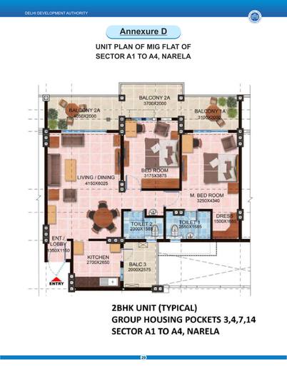 Unit plan of an MIG flat, 2BHK typical, group housing pockets 3, 4, 7 and 14, Sector A1 to A4, Narela