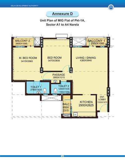 Unit plan of an MIG flat, Pocket 1A, Sector A1 to A4, Narela