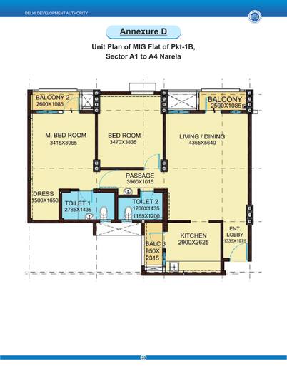 Unit plan of an MIG flat, Pocket 1B, Sector A1 to A4, Narela