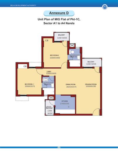 Unit plan of an MIG flat, Pocket 1C, Sector A1 to A4, Narela