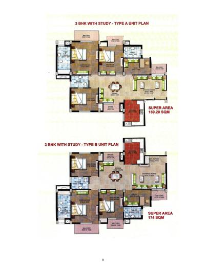 3 BHK with study, Type A and Type B unit plans, Madhuban Bapudham Pocket-C