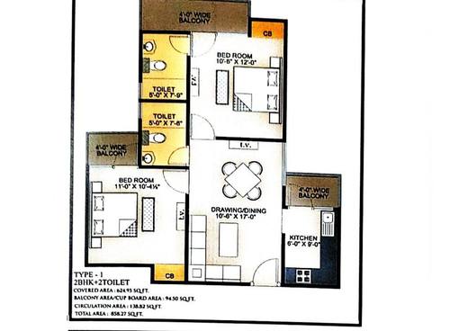 Type-1 unit plan, 2 BHK with two toilets, 858.27 sq ft total