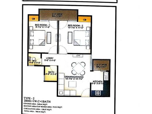 Type-2 unit plan, 2 BHK with one WC and one bath, 780.44 sq ft total