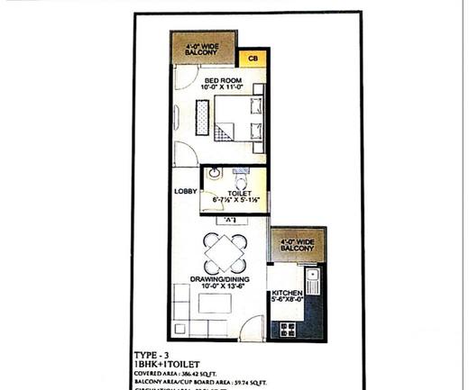 Type-3 unit plan, 1 BHK with one toilet, 529.92 sq ft total