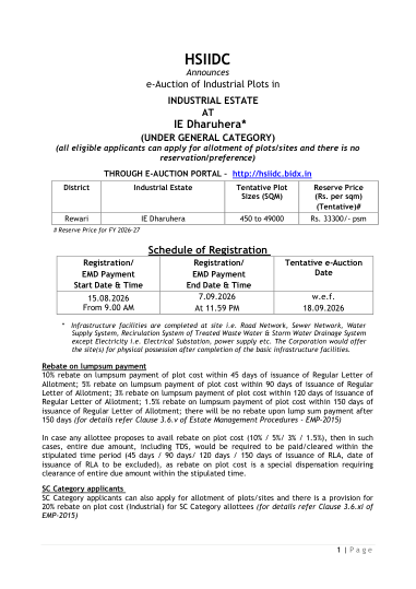 Advertisement: e-auction of industrial plots at IE Dharuhera, general category