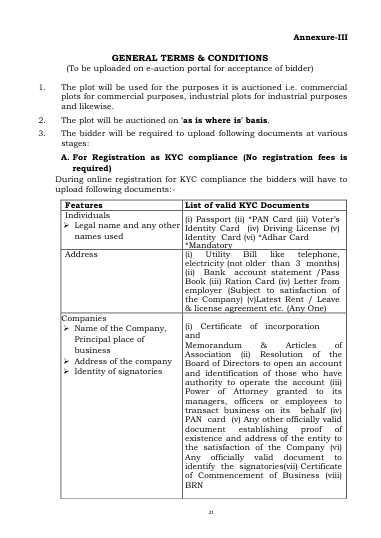 Annexure III: the general terms you accept on the portal, and the KYC each kind of bidder must produce