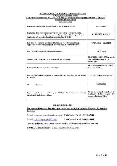 The auction timetable and who to call: catalogue fee and EMD windows, the extension rule, refund of EMD, and UPSIDA's helpdesk numbers